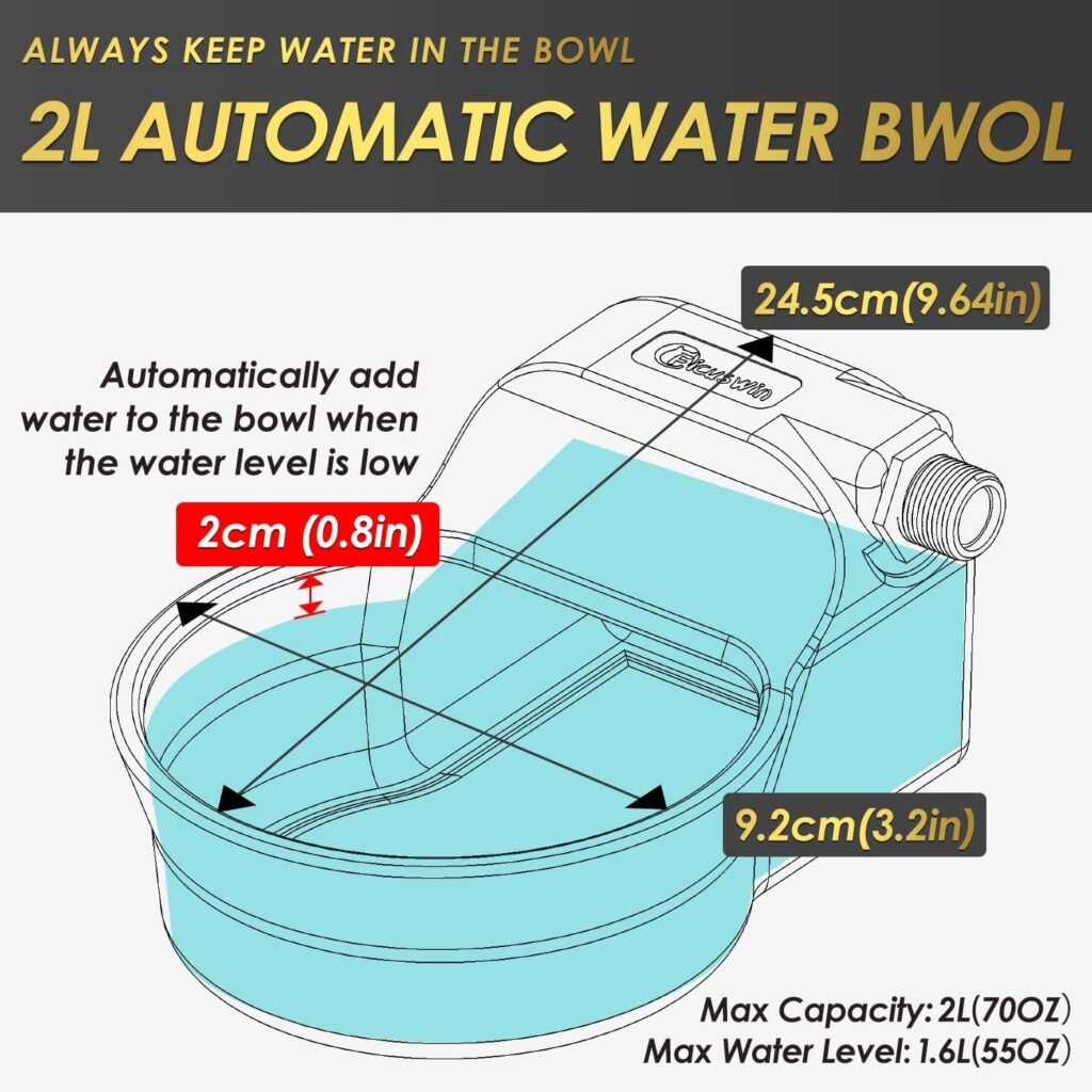 Automatic Dog Water Bowl Dispenser 70OZ Water Dispenser for Dogs 2L Water Bowl Fit 3/4in Male Connector Outdoor Auto Water Bowl Include Automatic Water Fill Valve 1/4 Tee Adapter 5ft Water Hose