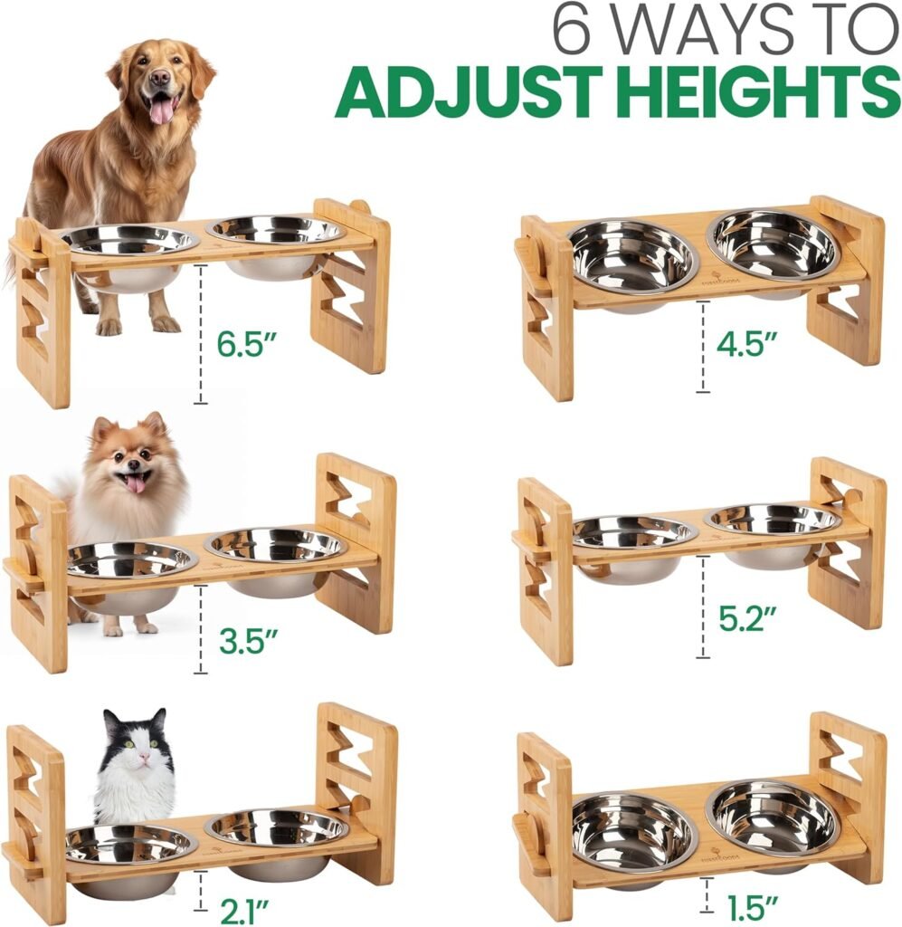 Elevated Dog Bowls, 4 Level Adjustable Raised Dog Bowls for Dogs  Cats, Durable Non-Slip Bamboo Dog Bowl Stand with 2 Stainless Steel Bowls  2 Titled Angles, Dog Bowls Medium Sized Dog - FURSTGOODS