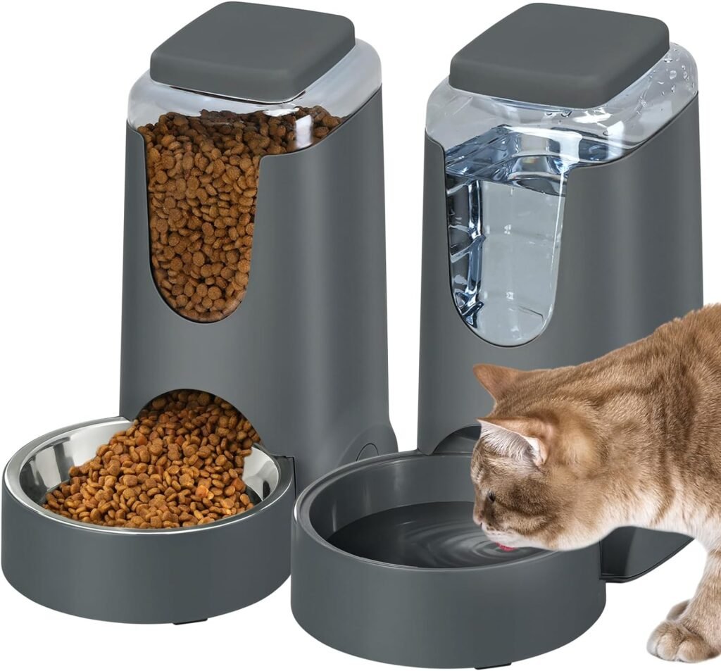 2 Pack Automatic Cat Feeder and Water Dispenser with Stainless Steel Dog Bowl Gravity Self Feeding for Small Medium Pets Puppy Kitten 1 Gallon x 2 (Charcoal)