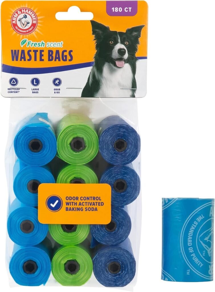 Arm  Hammer Easy-Tear Disposable Dog And Cat Waste Bags With Activated Baking Soda, 180 Dog Poop Bags, 9 x 14 Inches