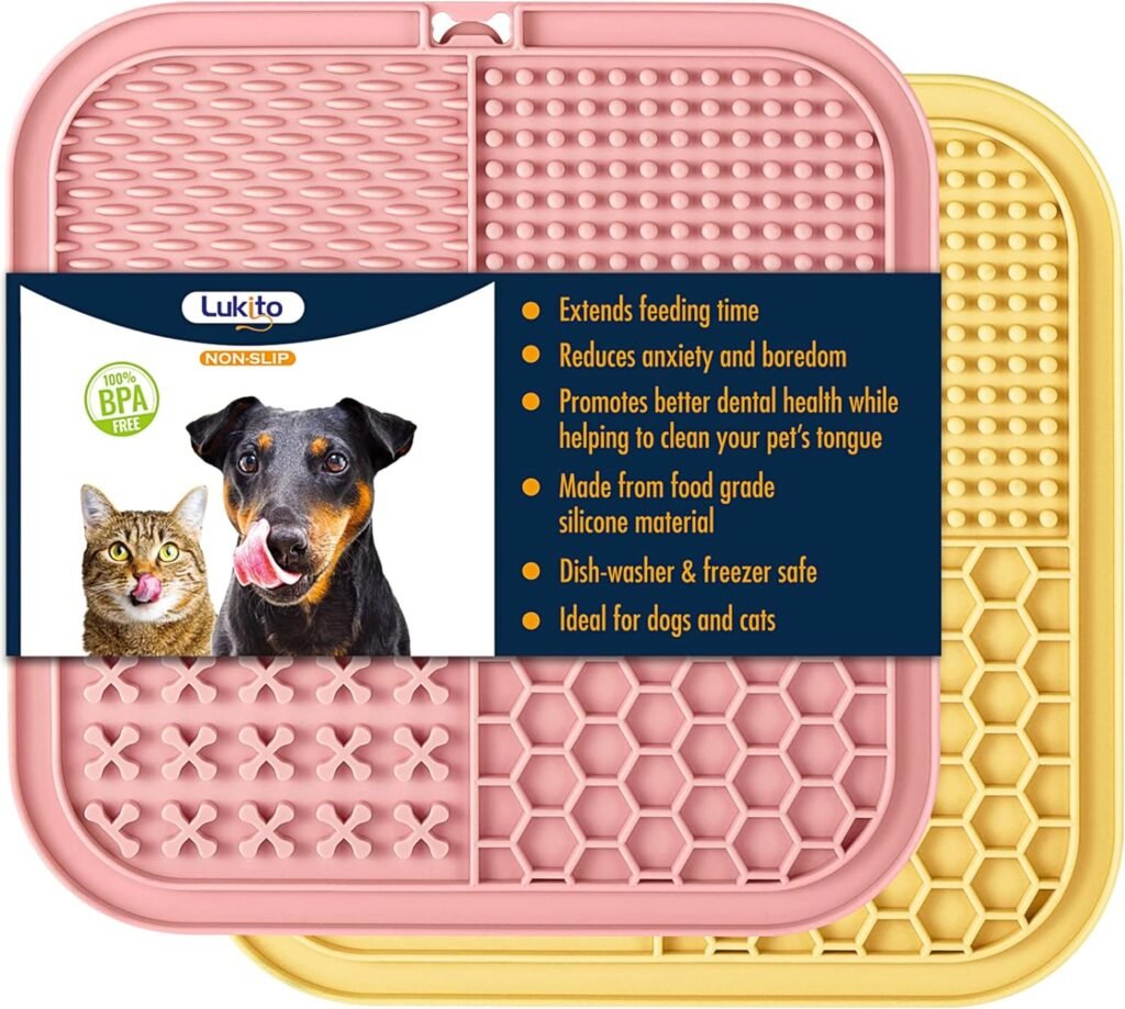 LUKITO Licking Mat for Dogs  Cats 2 Pack with Suction Cups, Dog Peanut Butter Lick Pads for Boredom Reducer, Perfect for Bathing Grooming (BluePurple+1 Spatula)