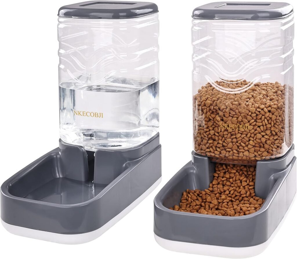 NKECOBJI Automatic Pets Feeder and Water Dispenser Set,Gravity Food Feeder and Waterer Set with Pet Food Bowl,Easily Clean Self Feeding for Small Large Pets Dogs Cats Large Capacity(3.8L)