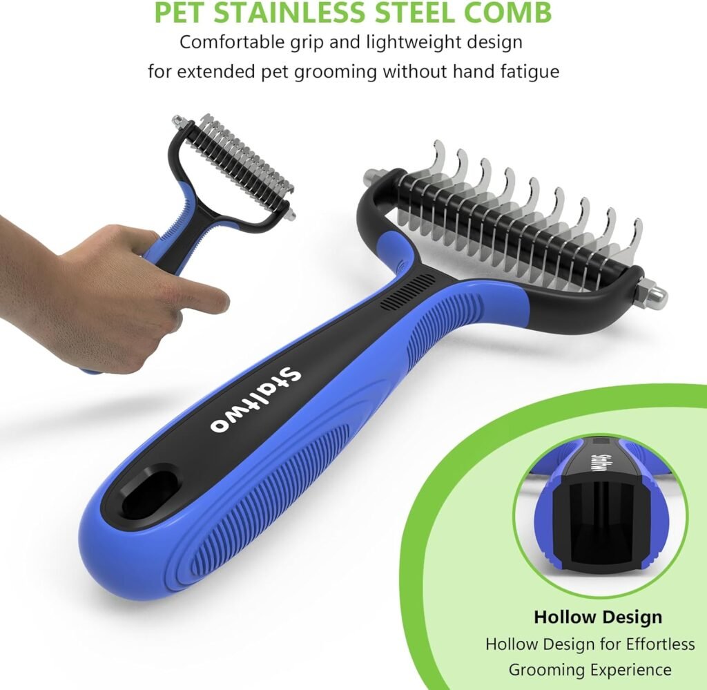 STALTWO Pet Grooming Supplies - 2-in-1 Professional Undercoat Rake and Pet Brush | Shedding Control for Long Haired Dogs and Cats, Deshedding Tool, Furminator for Dogs, Green